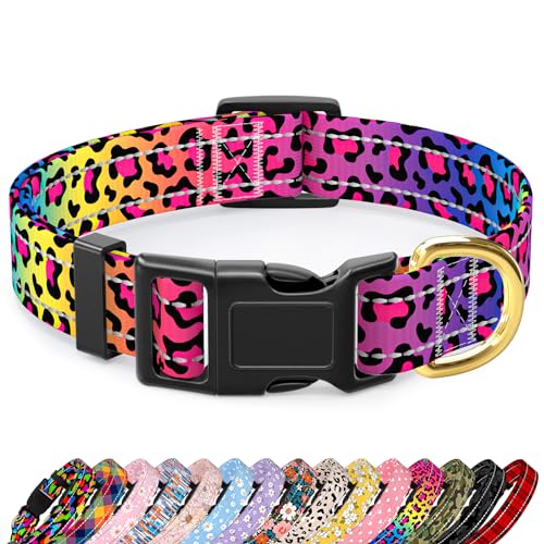 TMOODEL Reflective Dog Collar for Medium Dogs, Cute Leopard Style Adjustable Heavy-Duty Nylon Puppy Collar for Boy and Girl Female, Soft Pet Accessories with Quick Release Buckle, Neon