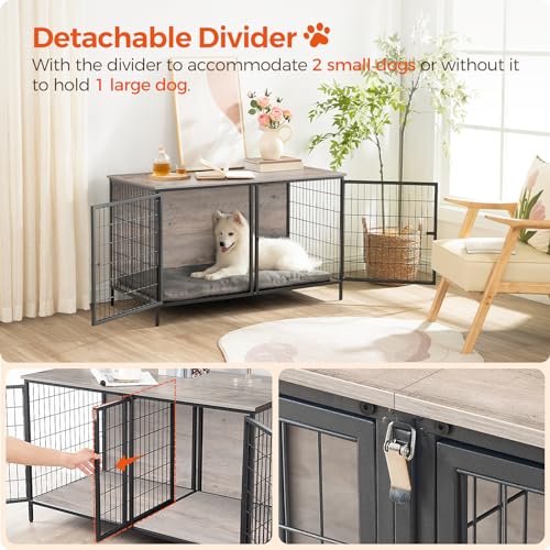 MAHANCRIS Dog Crate Furniture for 2 Dogs, 43.3" Dog Kennel with Removable Divider, Heavy Sturdy Dog Furniture Style Double Cage for Small Medium Dog, Indoor Pet House End Table, Greige DCHG1201