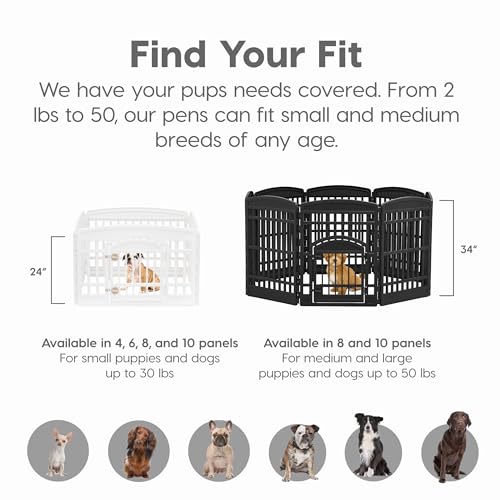 IRIS USA Dog Playpen with Door, 24” 4 Panel Pet Exercise Pen – Indoor Outdoor Puppy Play Pen, Portable Plastic Pet Fence for Small Medium Dogs, Foldable 35” x 35” x 24”, White