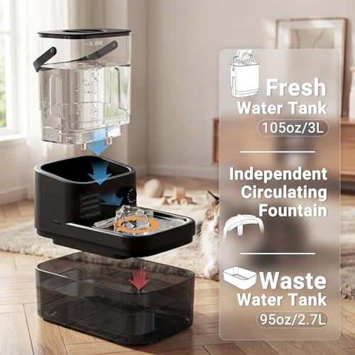 3L Filterless Cat Water Fountain, Wireless Motion Sensor Fountain with 4000mAh Battery, Stainless Steel Cat Bowls, Separate Water Tanks, Quiet – Black