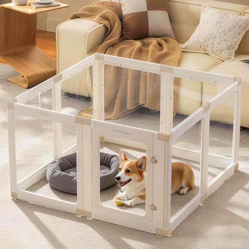 Zendova Acrylic Dog Playpen Indoor for Small Dogs & Puppies, Clear Transparent Pet Playpen with Modern No-Bar Design, 23.6" Easy Assemble Puppy Play Pen, Escape-Proof & Sturdy (8 Panels, White)