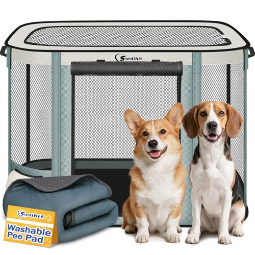 Siedihit Dog Cat Playpen Crate with Washable Pee Pad, Reinforced Durable Dog Cage, Portable Foldable Pet Kennel with Breathable Visibility (Grey with Pad, Large)