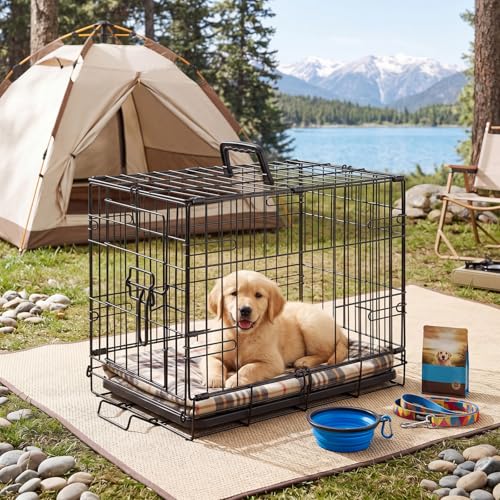 Sweetcrispy 24 Inch Single Door Dog Crate, Metal Pet Kennel with Secure Lock, Foldable Design, Removable Tray for Easy Cleaning, Portable Puppy Cage for Small Dogs, Ideal for Training & Travel