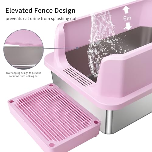 RIZZARI Large Pink Stainless Steel Cat Litter Box - Open-Top with Non-Stick Coating, High Sides Splash-Proof, Easy Clean for Cats up to 20 lbs, Ideal for Living Rooms & Apartments