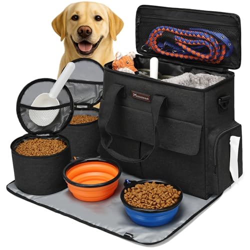 Dog Travel Bag by Modoker - Dog Travel Kit for a Weekend Away Set Includes Pet Travel Bag Organizer for Accessories, 2 Collapsible Bowls, 2 Travel Food Container (Black)