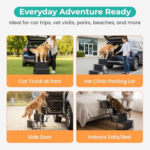 Dog Stairs for Car, Truck & SUV – Foldable Dog Steps for Small & Large Dogs with Anti Slip Surface & Poop Bag Dispenser, Lightweight Dog Ramp Holds Up to 130lbs