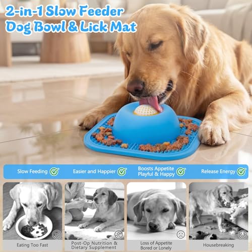 PetsHome Slow Feeder Dog Bowls & Lick Mat for Liquid and Thick Treat, Anti-Slip Dog Lick Bowl with Interactive Rolling Ball, 5/6 Cup Pup Licking Toy for Large Medium Small Dogs and Cats Blue