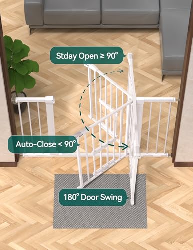 Babelio 29-48" Extra Wide Baby Gate with Cat Door, Auto Close Metal Pet Door for Stairs, Doorways, House, Pressure/Hardware Mounted, Easy Walk Thru, White