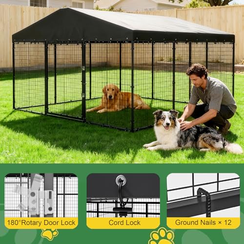 Gotland Dog Kennel Outdoor 10 x10 x6 FT, Dog Cage Outdoor for Medium/Large Dogs with Waterproof Roof Double Secure Locks Ground Spikes, All Weather Heavy Duty Dog Enclosure for Backyard Farm Ranch