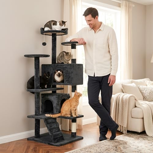 FDW | 54" Cat Tree Tower | Dark Gray | Multi-Level Indoor Activity Center with Sisal Scratching Posts, Condos, Plush Perches, Hanging Cat Toys | Sturdy, Easy to Assemble | for Kittens & Adult Cats