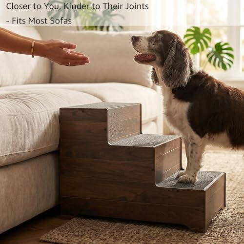 beeNbkks Dog Stairs Furniture, Extra Wide Wooden Pet Steps for Medium Large Dogs and Cats, Non-Slip Pet Ladder for Elderly Injured Pets Short Legged Puppy to Reach Couch Sofa High Bed Windowsill