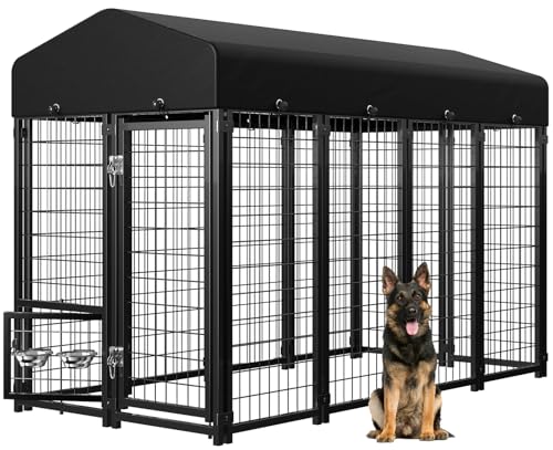 Guiferland Dog Kennel Outdoor, Weatherproof Outside Dog Kennel with Roof & Swivel Feeders and Removable Dog Door, Heavy Duty Outdoor Kennels Dog Enclosure Run for Medium Large Dogs (8'L x 4'W x 6'H)