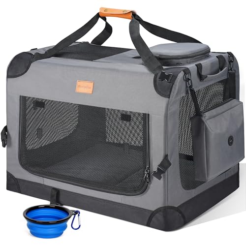 Morpilot 24-inch Portable Collapsible Dog Crate: Travel Dog Crate Soft-Sided for Small Dogs up to 27lbs, with Foldable Bowl, Shoulder Strap & Storage Pockets, Grey