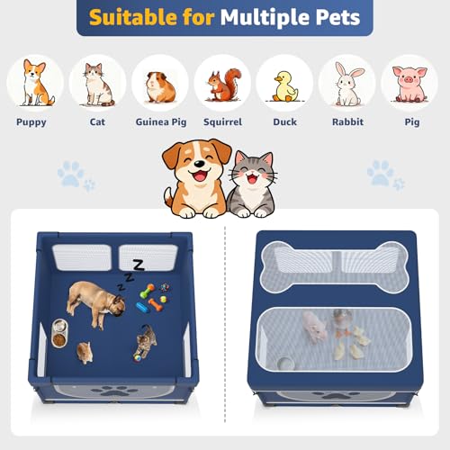 LOOBANI Foldable Dog Playpen with Cover: 1 Min Setup Pet Puppy Playpen Indoor, Sturdy Reinforced Steel/Iron Frame Dog Fence, Portable Whelping Box for Home Dog Cat Rabbit-43.3"x43.3"x27.1"│Patented