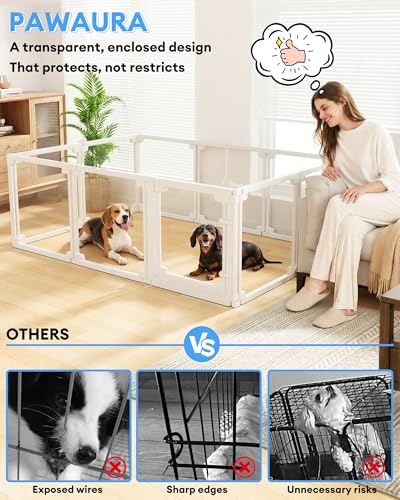 Pawaura Clear Acrylic Dog Playpen Indoor,Tool-Free Assembly & Easy Clean,24 in Puppy Playpen with Door for Small Dogs/Cats/Rabbits/Pigs/Ferret,Indoor and Outdoor Use,10 Panels(White)
