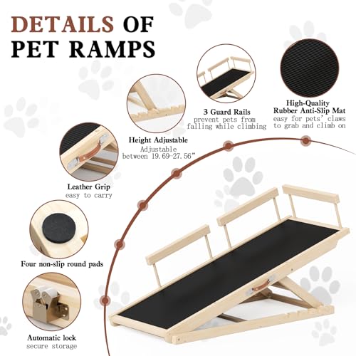 Chuiendi Dog Ramp for High Bed, Couch, Car, Pet Ramps 55.12" Long Adjustable 19.3"-27.17" Wooden Dog Step with Anti-slip Rubber Mat & Safety Side Rails for Small Medium Large Older Pets, up to 250 lbs