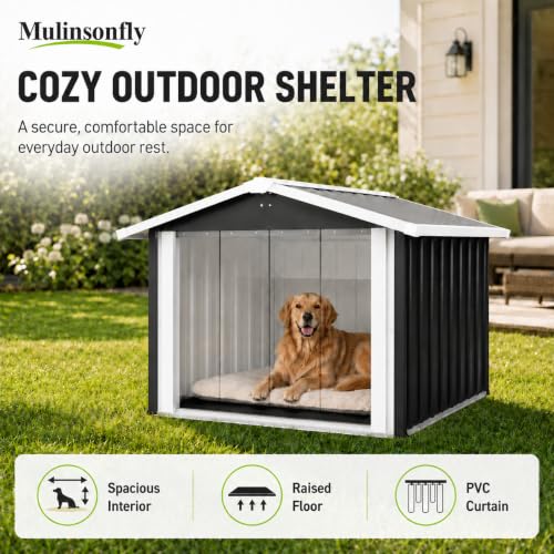 Mulinsonfly 40 Inch Heavy Duty Metal Dog House for Medium and Large Dogs, Outdoor Dog Shelter with Raised Floor, PVC Curtain, Vent and Sloped Roof, Weather Resistant for Backyard Patio