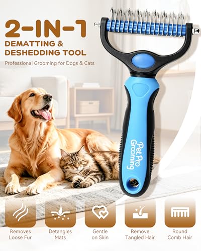 Pet Pro Grooming, Pet Pro Grooming Tool, Dematting Comb for Dogs and Cats, Deshedding Dog Brush, Undercoat Rake for Dogs, Removes Tangles Knots and Loose Fur, Grooming Tool for Thick Coats (Blue)