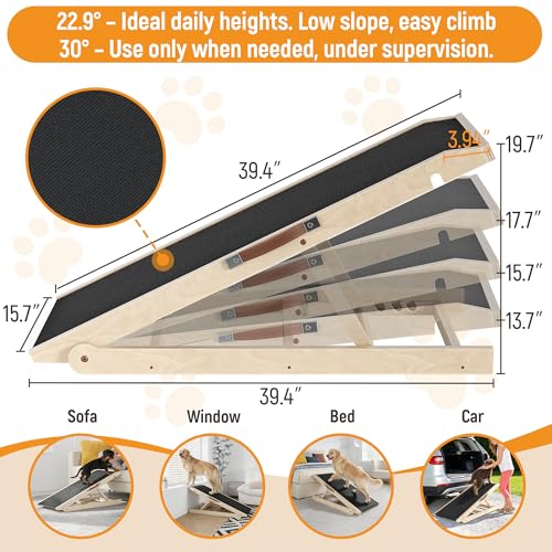40" Dog Ramp for Couch & Low Bed – Extra Wide 16” Non-Slip Walking Surface, Load 200 lbs, Adjustable Pet Ramp with 4" Top Platform for Small Senior Dogs Dachshund Corgi – Dog Stairs Alternative