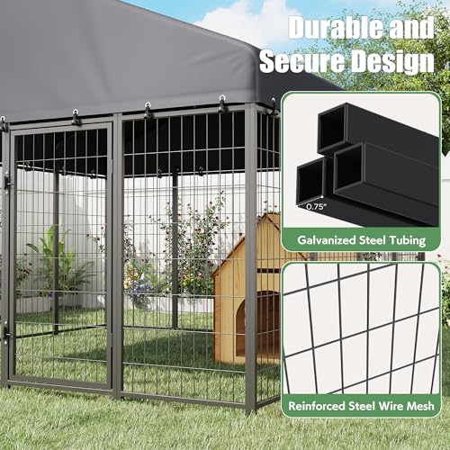 JFHID Outdoor Dog Kennel for Yard, 8x8 Medium Steel Chain Link Fence with Roof, Dog Run Enclosure with Feeding Bowl & Self-Locking Latch