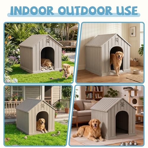 EFU Large Dog House Outdoor Indoor, Waterproof Dog House with Air Vents and Elevated Floor, Weatherproof Dog Kennel for Small - Large Dogs, Durable Pet Shelter for Patio Yard Porch, Grey