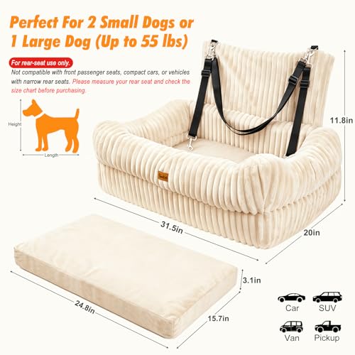 Pawaboo Dog Car Seat, Dog Booster Car Seats with Memory Foam, Thickened Cushion & Washable Removable Cover, Pet Travel Carseat Bed with Safety Leashes for Medium/Large Dogs or 2 Small Dogs, Beige
