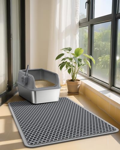 27" x 19" Cat Litter Mat - Ultra-Large Litter Box Mat with Double Layers, Urine-Proof and Non-Slip Litter Trapping Mat, Easy to Clean Kitty Litter Mats for Floor, Scatter Control, Grey