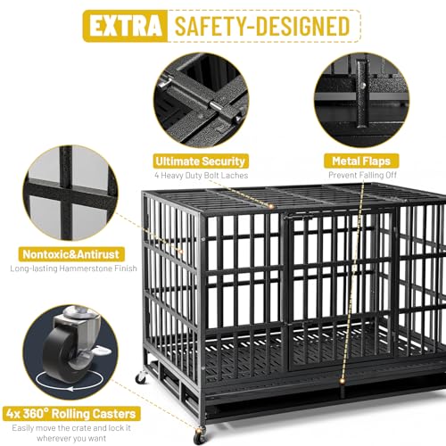 NUGRIART Escape-Proof Heavy Duty 38" Dog Crate, Indestructible Steel Kennel for Large & High-Anxiety Dogs with 300Lbs Capacity, Double Door Design with 4 Locking Wheels and Reinforced Baseplate.