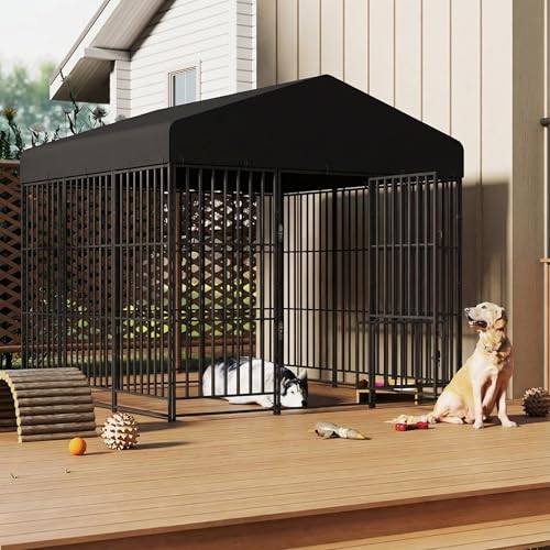 PANTAZO Large Dog Kennel Outdoor with Double Safety Locks 73''x72''x71'' Heavy Duty Welded Wire Steel Pet Pen Dog Enclosure with UV-Resistant Waterproof Roof