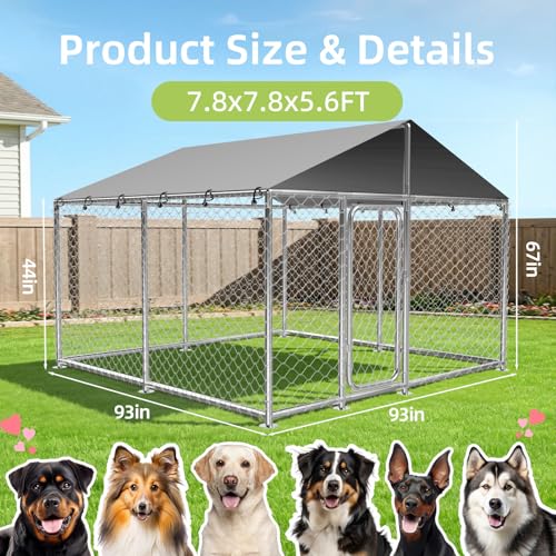 7.8x7.8FT Large Outdoor Dog Kennel Outside,Heavy Duty Dog Enclosure with Waterproof Cover Roof and Steel Fence Security Lock for Dogs(93x93x63in)