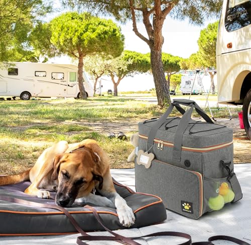 Pmpete Dog Travel Bag for Traveling| Week Away/Overnight Dog Travel Accessories with Multi-Function Pockets| Travel Set for Dogs and Cats|Ideal Pet Diaper Bag and Pet Gift Kit(Grey)