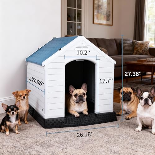 Elevon Plastic Dog House, Insulated Doghouse Puppy Shelter, Water Resistant Easy Assembly Sturdy Dog Kennel with Elevated Floor and Air Vents, Ventilate for Small to Large Sized Dogs (29-Inch, Blue)
