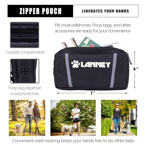 Hands Free Dog Leash, Waist Running Leash with Zipper, Walking Pouch for Medium Large Dogs, Dual Handle and Retractable Bungee for Training Jogging Hiking