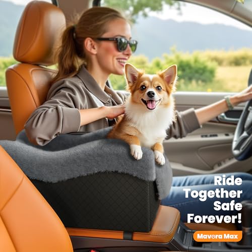 Mavora Max Portable Small Dog Seat for Car, Luxury Center Console Dog Car Seat Booster with Safety Tethers, Anti-Collapse Pet Travel Carseat for SUV, Truck (Black/Grey)