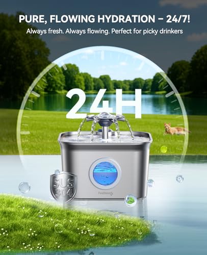 Stainless Steel Cat Water Fountain, 99oz/2.8L Auto Pet Drinking Fountain with 20dB Ultra-Quiet Pump- Ideal for Timid Pets, LED Water Level Window, Dishwasher Safe, 24/7 Circulating Flow - FEELNEEDY