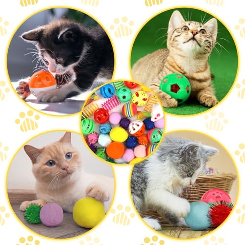 QUOZUO Kitten Toys, 60PCS Cat Balls Springs Toy Set, Cat Mouse Toy, Kitten Sparkle Crinkle Balls Furry Soft Pom Pom