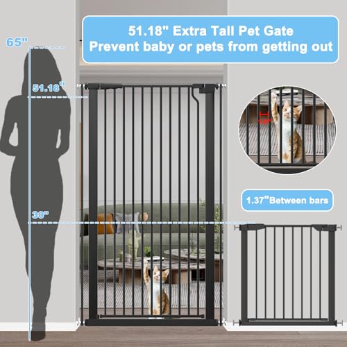 51.18" Extra Tall Cat Gate for Doorway 48.5"-56.2" Wide Auto Close Tall Pet Gate No Drilling Pressure Mounted for Hallway Kitchen,Black