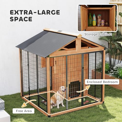 PawHut 7' x 6' Extra Large Outdoor Dog Kennel, Walk-in Wood Dog House with Internal Storage Cabinet, Pet Shelter with Waterproof Roof, Stainless Steel Bowls, Feeding Door for Large Breeds, Yellow
