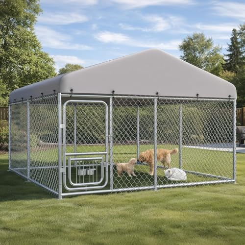 COMHOMA 10×10FT Outdoor Dog Kennel with Adjustable Bowls Feeder Heavy Duty Extra-Large Dog Enclosure with Roof & Lock All Weather Resistant for Medium Large Dogs