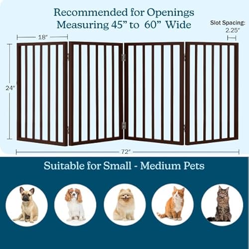 Pet Gate - 4-Panel Indoor Foldable Dog Fence for Stairs, Hallways or Doorways - 72x24-Inch Retractable Wood Freestanding Dog Gates by PETMAKER (Brown)