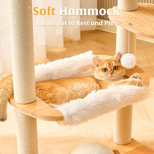 HITTITE Solid Wood Cat Tree Tower with Scratching Post, 53 Inches Tall Cat Towers with Scratching Board and Scratcher Ball, Modern Cat Tower with Space Capsule and Removable Top Bed for Indoor Cats