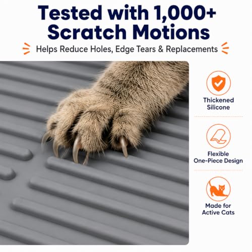PetNova Durable Cat Litter Mat: Fewer Holes Edge Tears & Replacements | Large Thickened Silicone Mat Tested with 1,000+ Scratch Motions