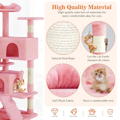 Sweetcrispy 54 Inch Cats Tree Tower, Multi-Level with Cat Scratching Post, Indoor Cat Condo with Climbing Ladder, Plush Toy, Play House for Cats, Pink
