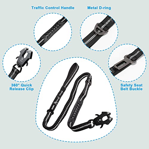 Raipult Tactical Dog Leash Heavy Duty, 4-6FT Shock Absorbing Bungee Leash with Quick Release Clip& 2 Handles, No Pull Waking Lead with Car Seatbelt for Medium Large Dogs that Pull, Black