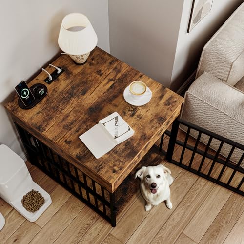 IRONCK Dog Crate Furniture for Small Dogs, Wooden Dog Kennel with Flip Top Drawer, Indoor Pet Crate End Table with Charging Station, Steel-Tube Dog Cage, Rustic Brown