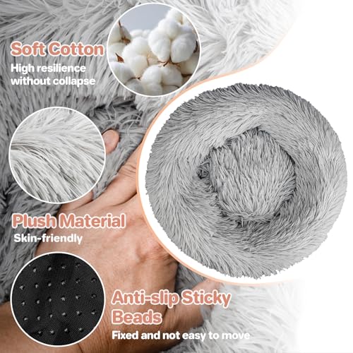 Cat Bed - Calming Cat Bed for Small Kittens Donut Washable Round for Indoor Kittens and Puppies, Anti-Slip Round Fluffy Plush Faux Fur, Small, Light Grey