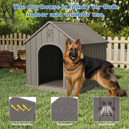 Fancyango Large Dog House Outdoor Indoor for Medium Large Dogs, Sturdy Plastic Waterproof Doghouse with Air Vents and Elevated Floor, Easy Clean and Assemble (Grey, 36.2''L×38''W×38''H)