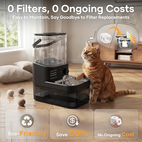 3L Filterless Cat Water Fountain, Wireless Motion Sensor Fountain with 4000mAh Battery, Stainless Steel Cat Bowls, Separate Water Tanks, Quiet – Black