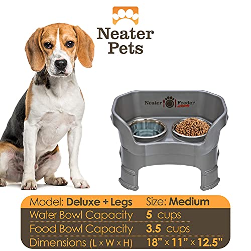 Neater Feeder Deluxe Mess-Proof Elevated Dog Bowls for Medium Dogs (19–40 lbs), 2 Height Adjustable (10” & 12.5”) No-Spill Raised Dog Bowl Stand, Stainless Steel Food Bowl Set, Made in USA, Gunmetal