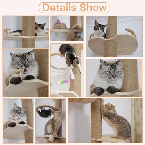 Floor to Ceiling Cat Tree Height (50-120.5in) Adjustable Cat Tower 5 Tier Hemp Scratching Post High Cat Tree Sturdy Activity Tree Indoor Outdoor Cat Scratching Post Activity Center